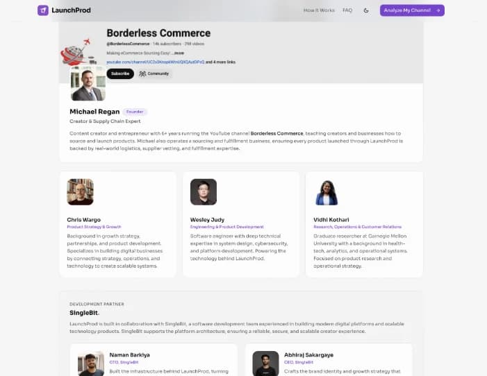 LaunchProd team page crediting SingleBit as development partner